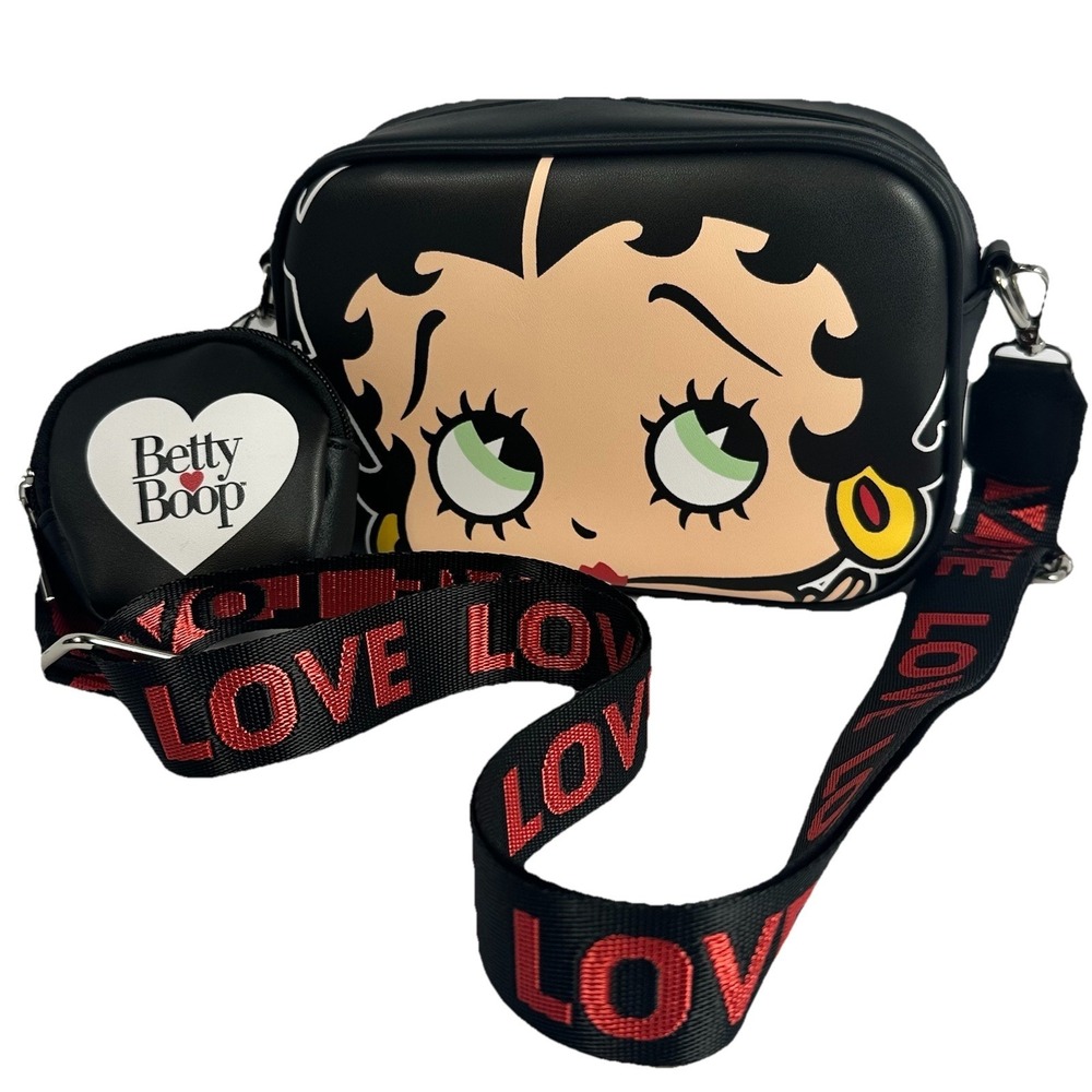Betty Boop‎ Crossbody Bag With Coin Purse Black Love Strap Faux Leather